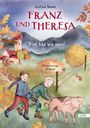 Titel: Franz und Theresa. "Hint hää wia vorn!" Zwei Kinder treiben ein Schwein auf einer Wiese, Berge im Hintergrund.