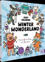 „COSY COLORING: WINTER WONDERLAND. Frozen Winter Vibes zum Ausmalen. Für jedes Alter.“ Illustration von Tieren und Wintergegenständen.