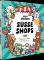 „Cosy Coloring: Süße Shops“, „Hygge Läden zum Ausmalen“. Illustration von Tieren mit Geschenken und Lebensmitteln.