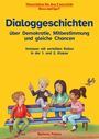 Dialoggeschichten über Demokratie. Vier Kinder sitzen auf einer Bank, diskutieren lebhaft, Vogel fliegt vorbei.