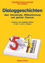 "Dialoggeschichten" über Demokratie. Buch mit den Zahlen 5 und 1. Text von Barbara Peters.