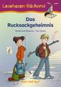 Texte: "Lesehasen-Bücherei", "Das Rucksackgeheimnis", "Heidemarie Brosche", "Tina Vlachy", "Hase und Igel". Zwei Kinder mit Rucksäcken.