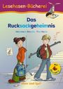 Oben steht "Lesehasen-Bücherei". Titel: "Das Rucksackgeheimnis". Zwei Kinder, ein Junge, ein Mädchen, mit Rucksäcken auf Treppe.