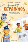 "Jimmy und die Reparinos", "Wie repariert man eine Freundschaft?", "Ein Kinderfachbuch über Konfliktlösung und Vertrauen". Zwei bunte Figuren, ein Mädchen und ein Junge in Illustrationen.