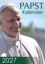 Text: „PAPST Kalender 2027“. Ein lächelnder Mann in päpstlichem Gewand vor verschwommenem Hintergrund.