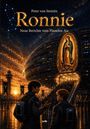 „Peter von Steinitz Ronnie: Neue Berichte vom Planeten Aja“. Futuristische Szene mit zwei Menschen, Raumschiff und Menschenmenge.