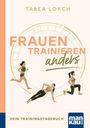 "FRAUEN TRAINIEREN anders" in großen Buchstaben, darunter "DEIN TRAININGSTAGEBUCH". Illustrationen von Frauen beim Sport.