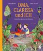 „OMA, CLARISSA und ICH“ steht in orangefarbener Schrift. Zwei Kinder spielen gegenüber, umgeben von Pflanzen und Pilzen.