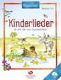 "Kinderlieder für eine oder zwei Sopranblockflöten" steht groß geschrieben. Eine Illustration mit Entenfamilie im Wasser.