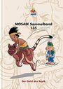 "MOSAIK Sammelband 135. Der Geist des Sepik." Ein Junge reitet auf einem Tier, ein kleiner Mann läuft daneben.