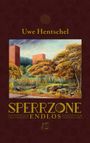 „Uwe Hentschel, Sperrzone Endlos“. Illustration: Zwei rote Türme in einer grünen, bewaldeten Landschaft.