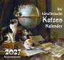 Texte: "Der Künstlerische Katzen Kalender 2027 Wochenkalender". Illustration mit Katzen, Globus und Büchern.