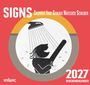 Aufschrift: "SIGNS Skurrile Irre Geniale Nutzlose Schilder". Illustration eines Duschenden. Text "2027 Wochenterminkalender".