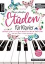 Titel: "Meine schönsten Etüden für Klavier". Blumen und Schmetterlinge umrahmen pinken Schriftzug. Klaviertasten darunter.
