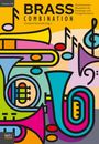 Text: "BRASS COMBINATION. Gemeinsames Musizieren für Einsteiger und Fortgeschrittene." 
Bunte Instrumente und Noten.