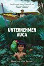 „Unternehmen Auca“, oben ein Flugzeug, ein Mann, unten ein Junge mit Papagei im Dschungel. Gemälde-Stil.