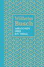 "Wilhelm Busch. Variationen über ein Thema." Muster aus gelben Y-Formen auf blauem Hintergrund.