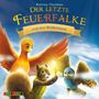 "Der letzte Feuerfalke und das Wolkenland" ist oben im Bild in großen Buchstaben geschrieben. Illustrationen von einem Feuerfalken, einem Eichhörnchen und einer Eule.