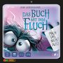 „Jens Schumacher, Das Buch mit dem Fluch. Mach das nicht aus!“ Große Augen mit zerzaustem Haar und Symbole am Rand.