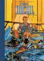 "Der Incal Gesamtausgabe". Eine futuristische Szene mit fünf Figuren: ein Mann, eine Frau, ein Hund mit Kleidung und Technik.