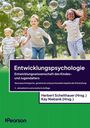 "Entwicklungspsychologie" in weißer Schrift. Oben fröhliche Kinder spielen im Freien zwischen Seifenblasen.