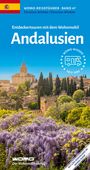 "Andalusien: Entdeckertouren mit dem Wohnmobil" zeigt ein idyllisches spanisches Landschaftsbild mit blühenden Bäumen.