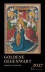 Text: "Goldene Gegenwart", "Spätgotik am Niederrhein", "2027". Gemälde: Krönungsszene mit Heiligen und Engeln.