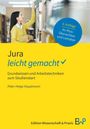 "Jura leicht gemacht", Grundwissen und Arbeitstechniken, 6. Auflage. Eine Frau in der Bibliothek, gelber Pullover.