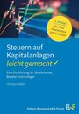 „Steuern auf Kapitalanlagen leicht gemacht“, Einführung für Studierende. Gelber Kreis mit „2. Auflage“. Börsengraphen.