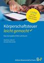 Text: Körperschaftsteuer leicht gemacht. Hände zeigen auf ein Tablet. Cover in Blau, gelber Kreis, Buch von Matthias Ulbrich.