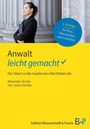„Anwalt leicht gemacht“, 2. Auflage. Frau mit Akte steht vor Säulen. Autoren: Alexander Deicke, Tim-Julien Richter.