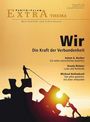 Titel: "Wir - Die Kraft der Verbundenheit". Silhouette von Personen mit Puzzleteilen in einem Sonnenuntergang.