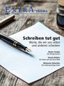 Titel: "Schreiben tut gut". Untertitel: "Worte, die wir uns selbst und anderen schenken". Stift und leeres Blatt.