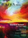 „Sterben lernen … dem Leben zuliebe“; farbenfrohe Wolkenillustration in Rot- und Gelbtönen.