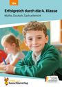 "Erfolgreich durch die 4. Klasse. Mathe, Deutsch, Sachunterricht. Ein Junge lächelt, ein Mädchen schreibt im Hintergrund."