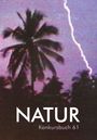 "NATUR Konkursbuch 61" steht vor einem Hintergrund mit Palmen und einem hellen Blitz am lila Himmel.