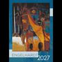 Text: "ENGELHARDT 2027". Illustration mit maskenhaften Gesichtern, gelben und roten Tüchern, abstrakten Formen, blauem Hintergrund.