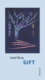 „Josef Burg, GIFT“ in schwarzer und blauer Schrift; darunter eine abstrakte Illustration auf blauem Hintergrund.