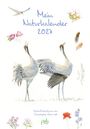 "Mein Naturkalender 2027", Kraniche, Blüten, Federn, und kleinere Vögel in sanften, naturnahen Farben.