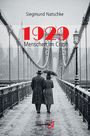 Text: "Siegmund Natschke 1929 Menschen im Crash." Ein Paar unter einem Regenschirm auf einer verschneiten Brücke.