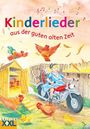 "Kinderlieder aus der guten alten Zeit" in bunten Buchstaben. Illustration: Ein Kind auf einem Motorrad, umgeben von Hühnern.