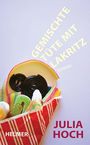 "Gemischte Tüte mit Lakritz" steht diagonal auf hellem Hintergrund. Ein Kegel gefüllt mit bunten Süßigkeiten, darunter Lakritz.