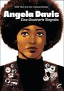 Titel: "Angela Davis - Eine illustrierte Biografie". Illustration einer Frau mit Afro, Weste mit Abzeichen und Aufklebern.