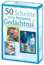 „50 Schritte zum besseren Gedächtnis“. Fotos von älteren Menschen mit Familie und Hund sowie ein Glühbirnen-Symbol.