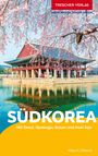 "TRESCHER VERLAG", "SÜDKOREA", "Mit Seoul, Gyeongju, Busan und Insel Jeju" auf gelbem Hintergrund; blühende Kirschzweige vor traditionellem Gebäude.