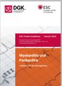 ESC Pocket Guidelines 2025. Myokarditis und Perikarditis. Leitlinien. Oben Logo von DGK und ESC, rote und orange Bereiche.