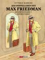Titel: "Das Doppelleben des Max Friedman" von Vittorio Giardino. Eine Figur im Anzug mit rotem Schal vor einem Spiegel.