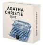 "AGATHA CHRISTIE QUIZ" und "QUIZ IM QUADRAT" steht auf einer Box. Illustration einer Schreibmaschine.