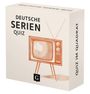„DEUTSCHE SERIEN QUIZ“ und „QUIZ IM QUADRAT“. Illustration eines altmodischen Fernsehers in Orange.