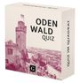 "ODENWALD QUIZ", "QUIZ IM QUADRAT". Illustration: Burg mit Turm, purpurn und beige gestaltet.